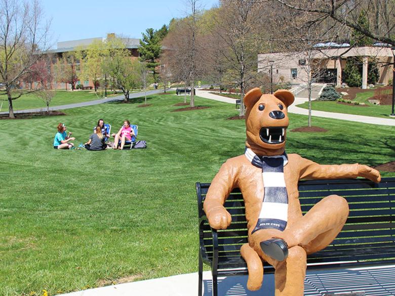 Penn State Berks Lion Bench in the spring
